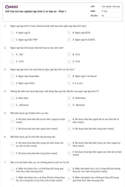320 Câu hỏi trắc nghiệm lập trình C có đáp án - Phần 1