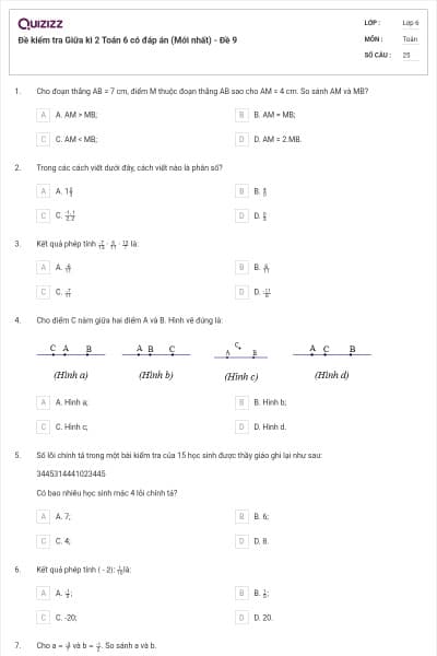 Đề kiểm tra Giữa kì 2 Toán 6 có đáp án (Mới nhất) - Đề 9
