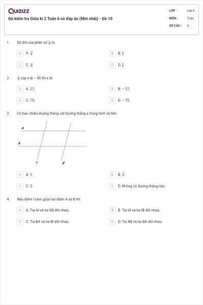 Đề kiểm tra Giữa kì 2 Toán 6 có đáp án (Mới nhất) - Đề 10