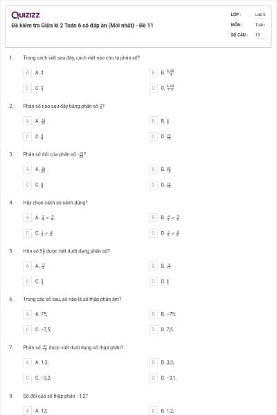 Đề kiểm tra Giữa kì 2 Toán 6 có đáp án (Mới nhất) - Đề 11