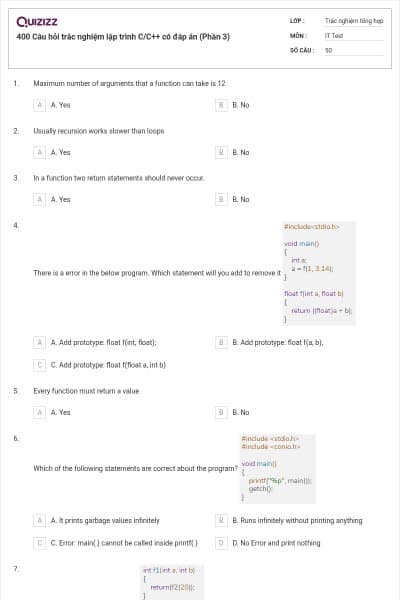 400 Câu hỏi trắc nghiệm lập trình C/C++ có đáp án (Phần 3)