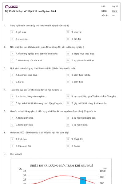 Bộ 15 đề thi học kì 1 Địa lí 12 có đáp án - Đề 4