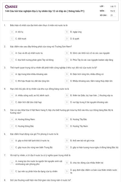144 Câu hỏi trắc nghiệm Địa Lí tự nhiên lớp 12 có đáp án ( thông hiểu P1)