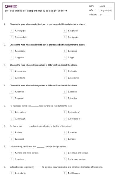 Bộ 15 Đề thi học kì 1 Tiếng anh mới 12 có đáp án- Đề số 10