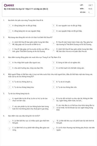 Bộ 3  Đề kiểm tra học kì 1 Địa lí 11 có đáp án (Đề 2)