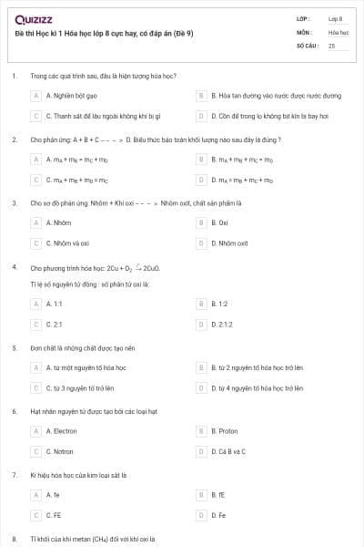 Đề thi Học kì 1 Hóa học lớp 8 cực hay, có đáp án (Đề 9)
