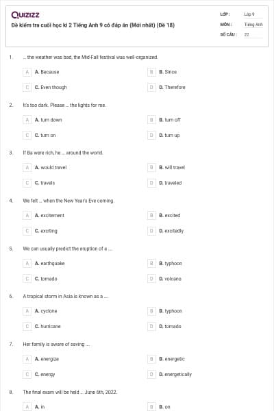 Đề kiểm tra cuối học kì 2 Tiếng Anh 9 có đáp án (Mới nhất) (Đề 18)