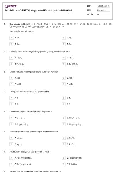 Bộ 15 đề thi thử THPT Quốc gia môn Hóa có đáp án chi tiết (Đề 4)