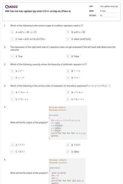 400 Câu hỏi trắc nghiệm lập trình C/C++ có đáp án (Phần 4)