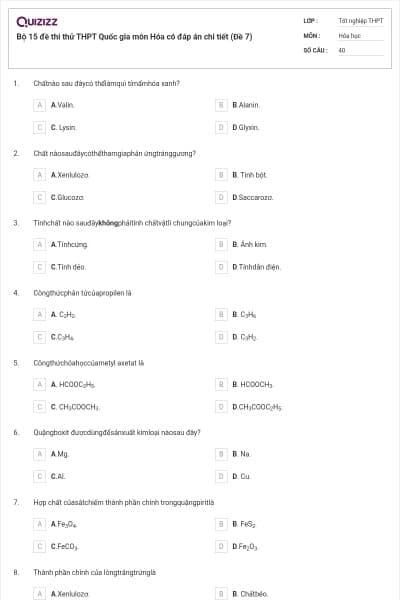 Bộ 15 đề thi thử THPT Quốc gia môn Hóa có đáp án chi tiết (Đề 7)