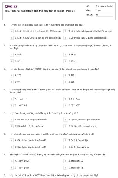 1000+ Câu hỏi trắc nghiệm kiến trúc máy tính có đáp án - Phần 21