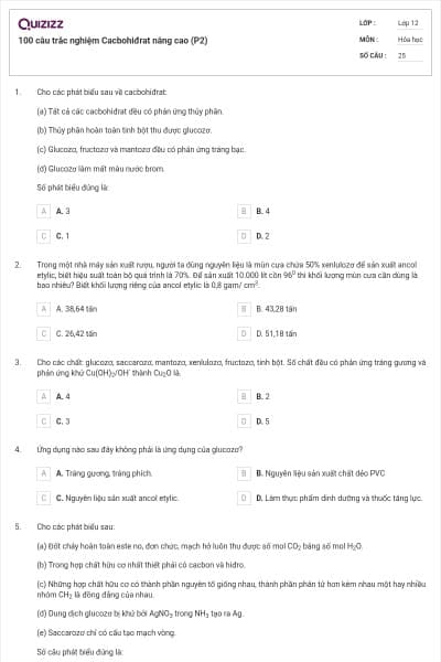 100 câu trắc nghiệm Cacbohiđrat nâng cao (P2)