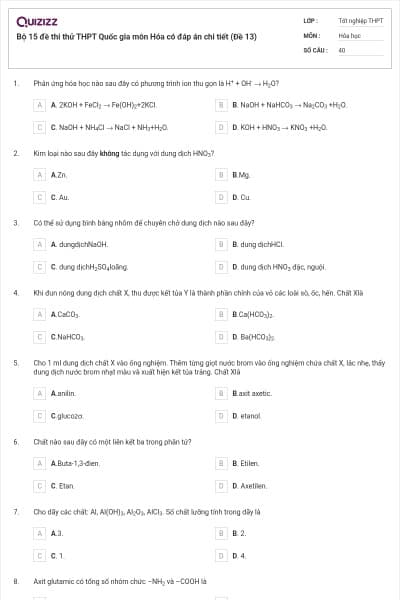 Bộ 15 đề thi thử THPT Quốc gia môn Hóa có đáp án chi tiết (Đề 13)