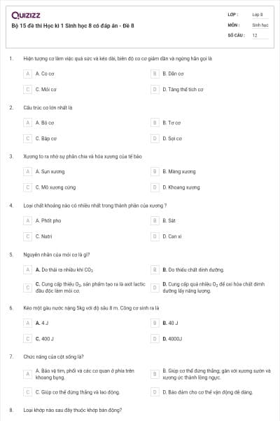 Bộ 15 đề thi Học kì 1 Sinh học 8 có đáp án - Đề 8