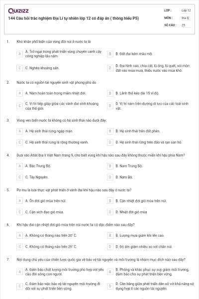 144  Câu hỏi trắc nghiệm Địa Lí tự nhiên lớp 12 có đáp án ( thông hiểu P5)