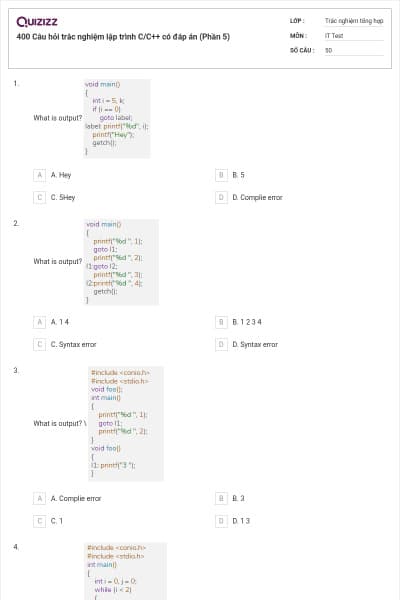 400 Câu hỏi trắc nghiệm lập trình C/C++ có đáp án (Phần 5)
