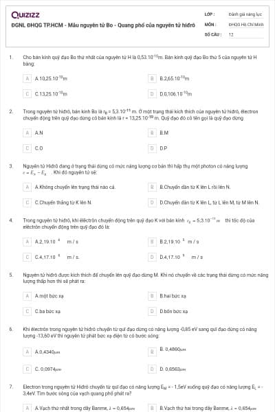ĐGNL ĐHQG TP.HCM - Mẫu nguyên tử Bo - Quang phổ của nguyên tử hiđrô