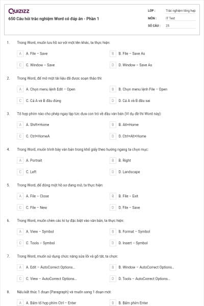650 Câu hỏi trắc nghiệm Word có đáp án - Phần 1
