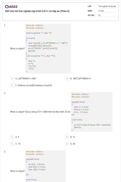 400 Câu hỏi trắc nghiệm lập trình C/C++ có đáp án (Phần 6)