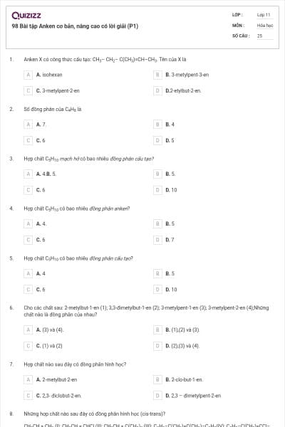 98 Bài tập Anken cơ bản, nâng cao có lời giải (P1)