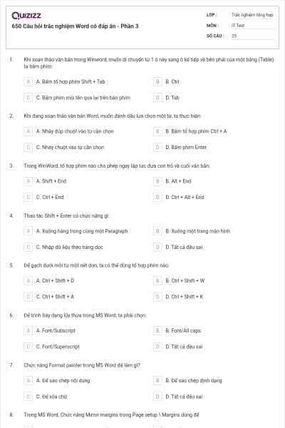 650 Câu hỏi trắc nghiệm Word có đáp án - Phần 3