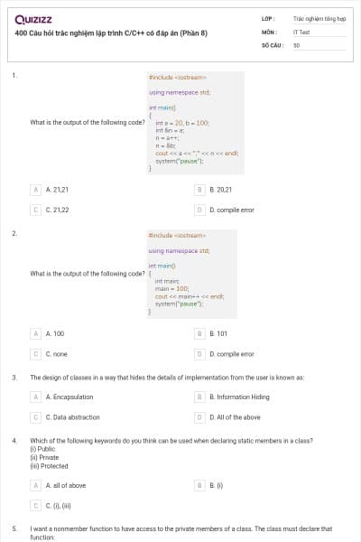 400 Câu hỏi trắc nghiệm lập trình C/C++ có đáp án (Phần 8)