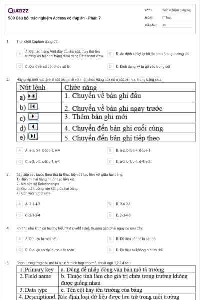 500 Câu hỏi trắc nghiệm Access có đáp án - Phần 7