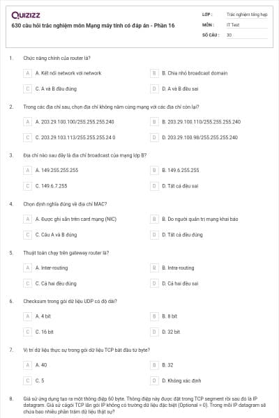 630 câu hỏi trắc nghiệm môn Mạng máy tính có đáp án - Phần 16