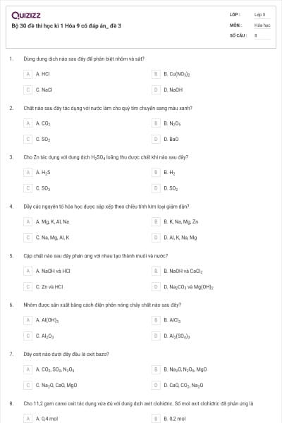 Bộ 30 đề thi học kì 1 Hóa 9 có đáp án_ đề 3