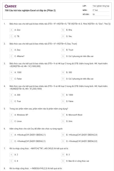 700 Câu hỏi trắc nghiệm Excel có đáp án (Phần 2)