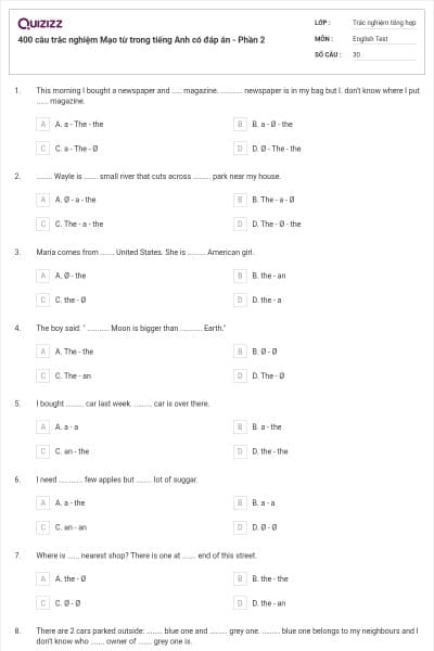 400 câu trắc nghiệm Mạo từ trong tiếng Anh có đáp án - Phần 2