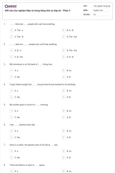 400 câu trắc nghiệm Mạo từ trong tiếng Anh có đáp án - Phần 3
