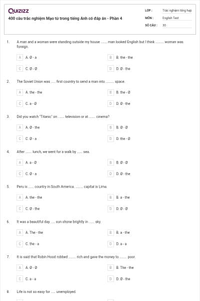 400 câu trắc nghiệm Mạo từ trong tiếng Anh có đáp án - Phần 4