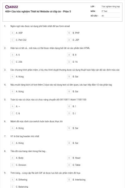 400+ Câu trắc nghiệm Thiết kế Website có đáp án - Phần 5