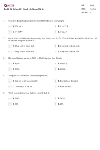 Bộ 20 đề thi học kì 1 Hóa 8 có đáp án (Đề 6)
