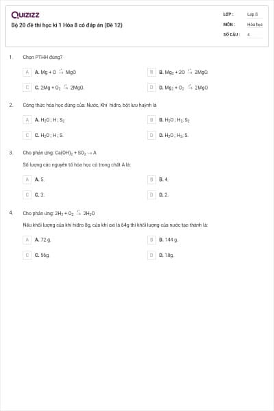 Bộ 20 đề thi học kì 1 Hóa 8 có đáp án (Đề 12)