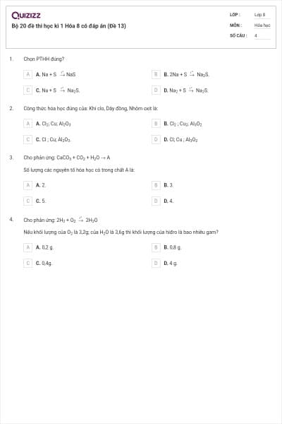 Bộ 20 đề thi học kì 1 Hóa 8 có đáp án (Đề 13)