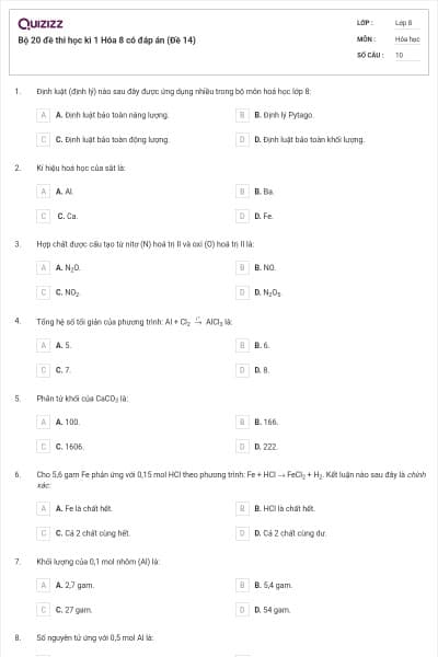 Bộ 20 đề thi học kì 1 Hóa 8 có đáp án (Đề 14)