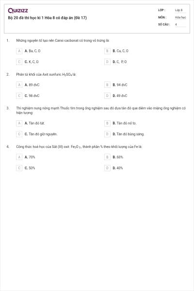 Bộ 20 đề thi học kì 1 Hóa 8 có đáp án (Đề 17)