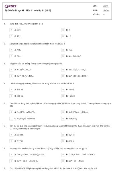 Bộ 30 đề thi học kì 1 Hóa 11 có đáp án (Đề 2)