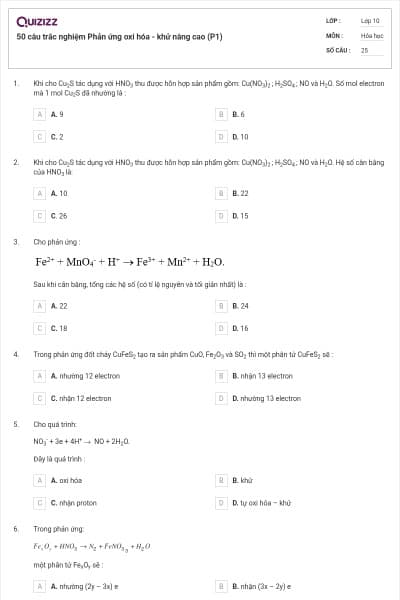 50 câu trắc nghiệm Phản ứng oxi hóa - khử nâng cao (P1)