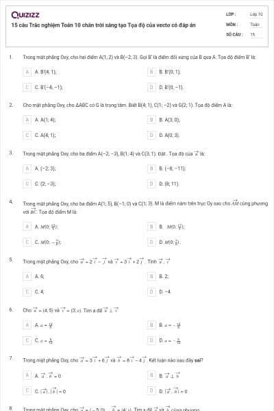 15 câu  Trắc nghiệm Toán 10 chân trời sáng tạo Tọa độ của vectơ có đáp án