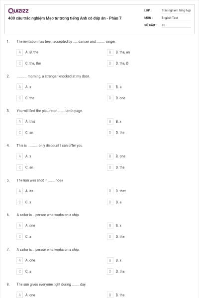 400 câu trắc nghiệm Mạo từ trong tiếng Anh có đáp án - Phần 7