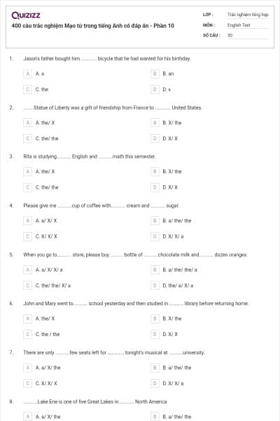 400 câu trắc nghiệm Mạo từ trong tiếng Anh có đáp án - Phần 10