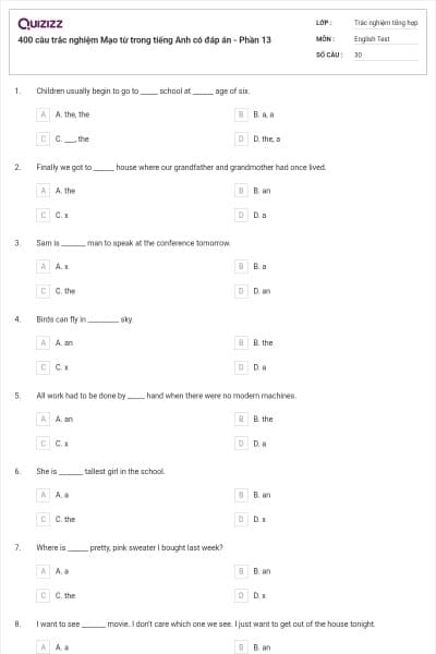 400 câu trắc nghiệm Mạo từ trong tiếng Anh có đáp án - Phần 13
