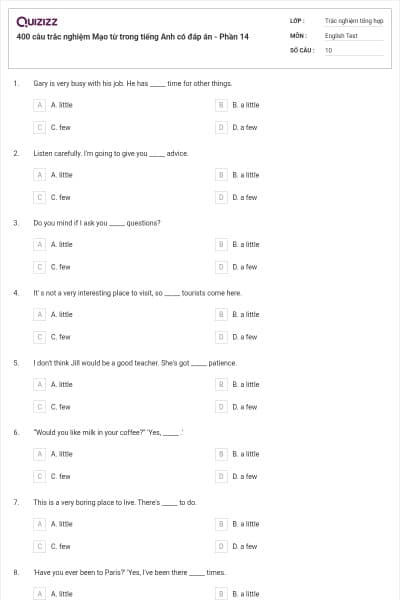 400 câu trắc nghiệm Mạo từ trong tiếng Anh có đáp án - Phần 14