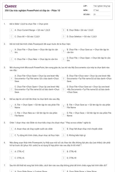 350 Câu trắc nghiệm PowerPoint có đáp án  - Phần 10