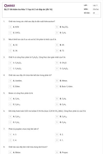 Bộ 21 Đề kiểm tra Hóa 11 học kì 2 có đáp án (đề 16)