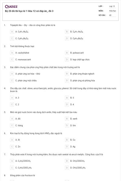 Bộ 20 đề thi học kì 1 Hóa 12 có đáp án_ đề 3