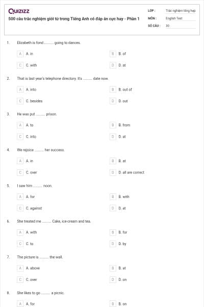 500 câu trắc nghiệm giới từ trong Tiếng Anh có đáp án cực hay - Phần 1